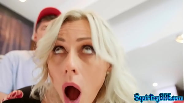 Squirting blonde MILF sucking cock during buttfucking duo